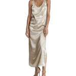REISS Lottie Metallic Maxi Dress Women's 6 Silver Scoop Neck Back Button Closure