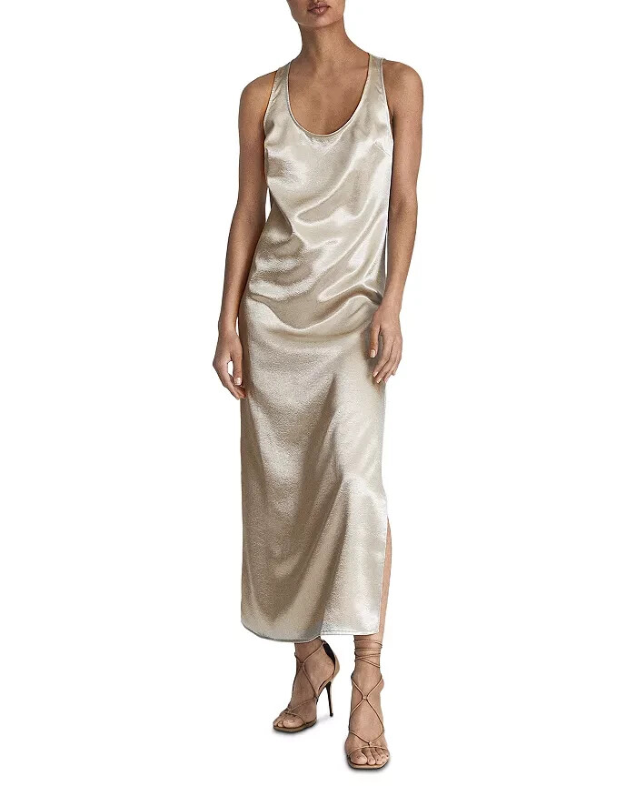 REISS Lottie Metallic Maxi Dress Women's 6 Silver Scoop Neck Back Button Closure