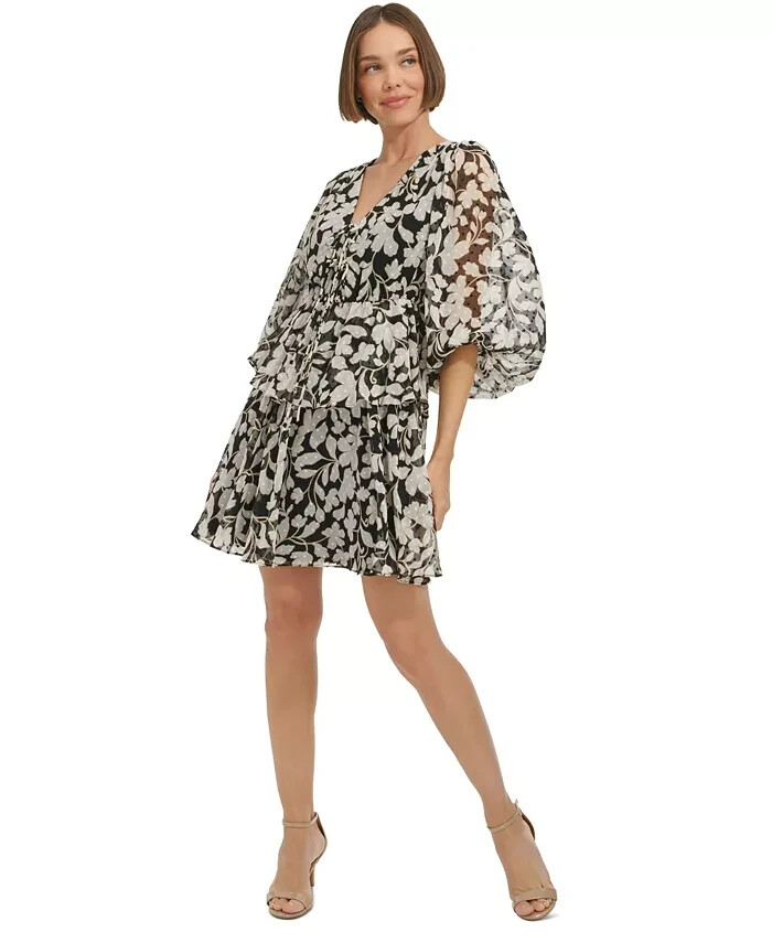 Tommy Hilfiger Chiffon Tie-Neck Fit & Flare Dress Womens 10 Black/White Pullover