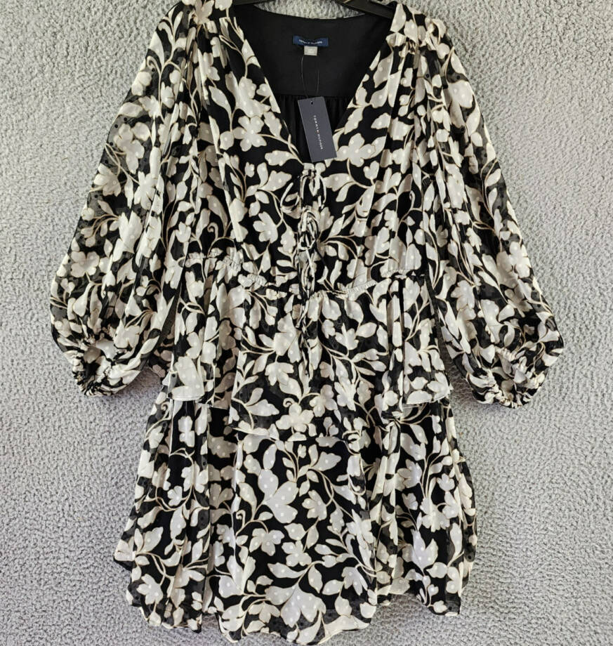 Tommy Hilfiger Chiffon Tie-Neck Fit & Flare Dress Womens 10 Black/White Pullover