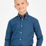 B by Brooks Brothers Classic Fit Long Sleeve Dress Shirt Big Boys 16 Navy/Green