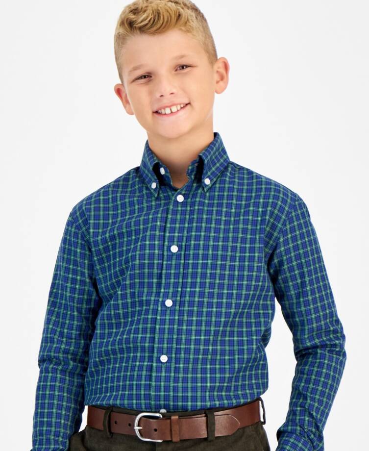 B by Brooks Brothers Classic Fit Long Sleeve Dress Shirt Big Boys 16 Navy/Green