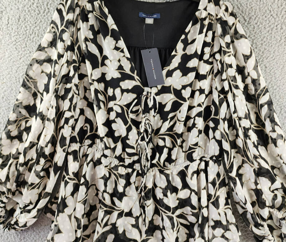 Tommy Hilfiger Chiffon Tie-Neck Fit & Flare Dress Womens 10 Black/White Pullover