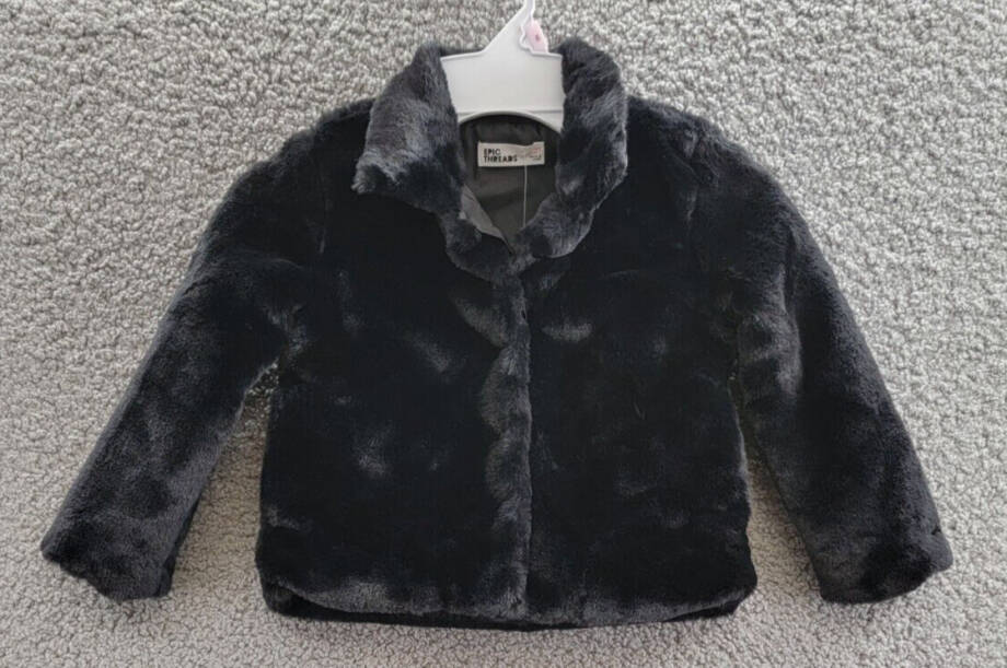 Epic Threads Faux Fur Jacket Toddler Girls 2T Deep Black Button Closure L/S~