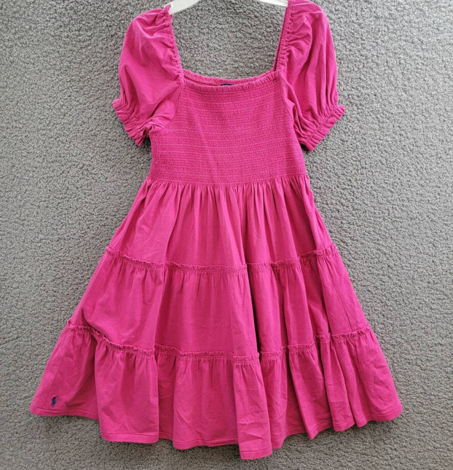 Polo Ralph Lauren Smocked Jersey Dress Big Girls XL (16) Pink Square Neck S/S