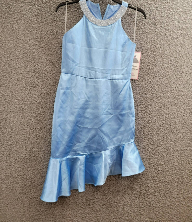 Rare Editions Sleeveless Imitation Pearl Halter Dress Big Girls 16 Blue Back Zip