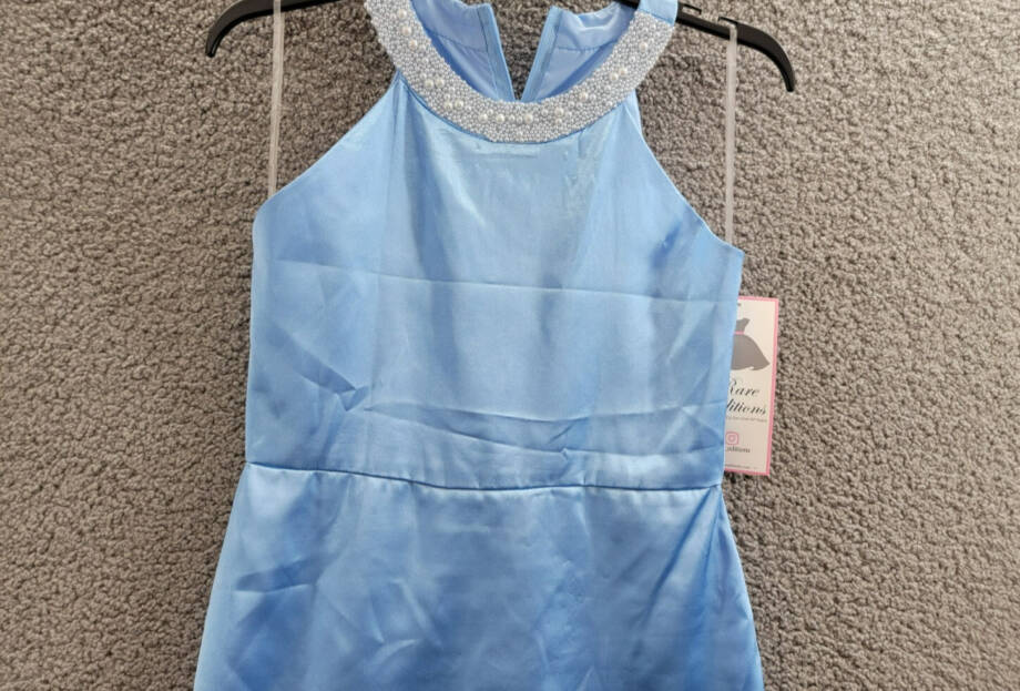 Rare Editions Sleeveless Imitation Pearl Halter Dress Big Girls 16 Blue Back Zip