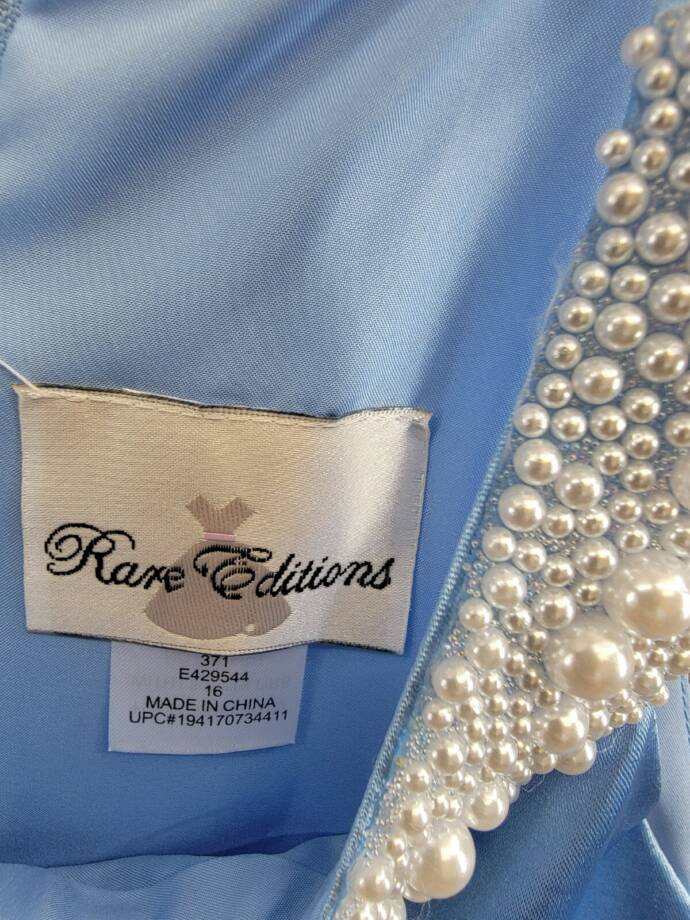 Rare Editions Sleeveless Imitation Pearl Halter Dress Big Girls 16 Blue Back Zip