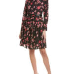 Gracia Belted Mini Dress Women's S Black Multi Floral Scarf Neck Long Sleeve