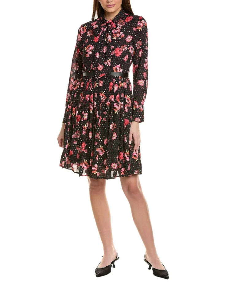 Gracia Belted Mini Dress Women's S Black Multi Floral Scarf Neck Long Sleeve