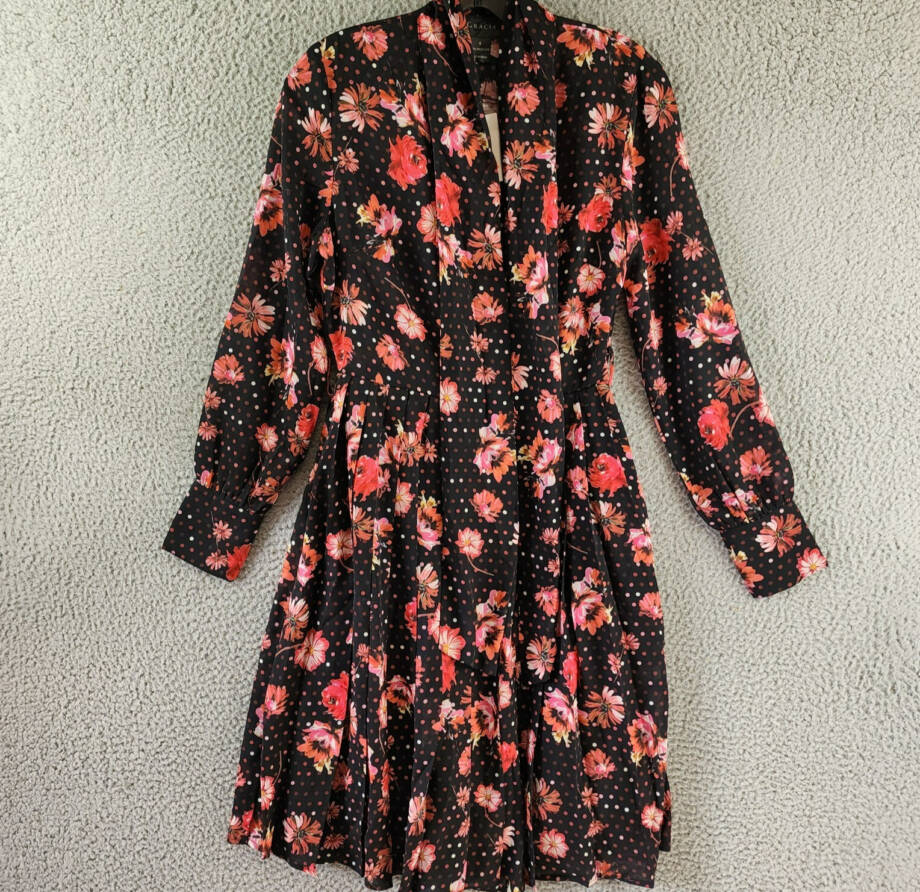 Gracia Belted Mini Dress Women's S Black Multi Floral Scarf Neck Long Sleeve