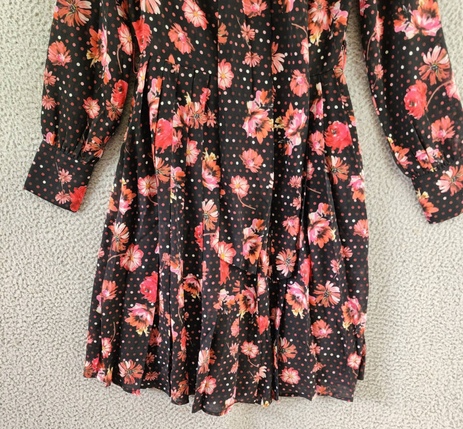 Gracia Belted Mini Dress Women's S Black Multi Floral Scarf Neck Long Sleeve