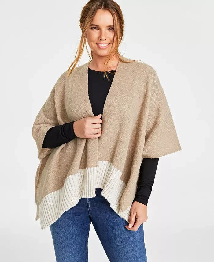 On 34th Tight Knit Reversible Wrap Sweater Women's O/S Taupe/Ivory Open Front