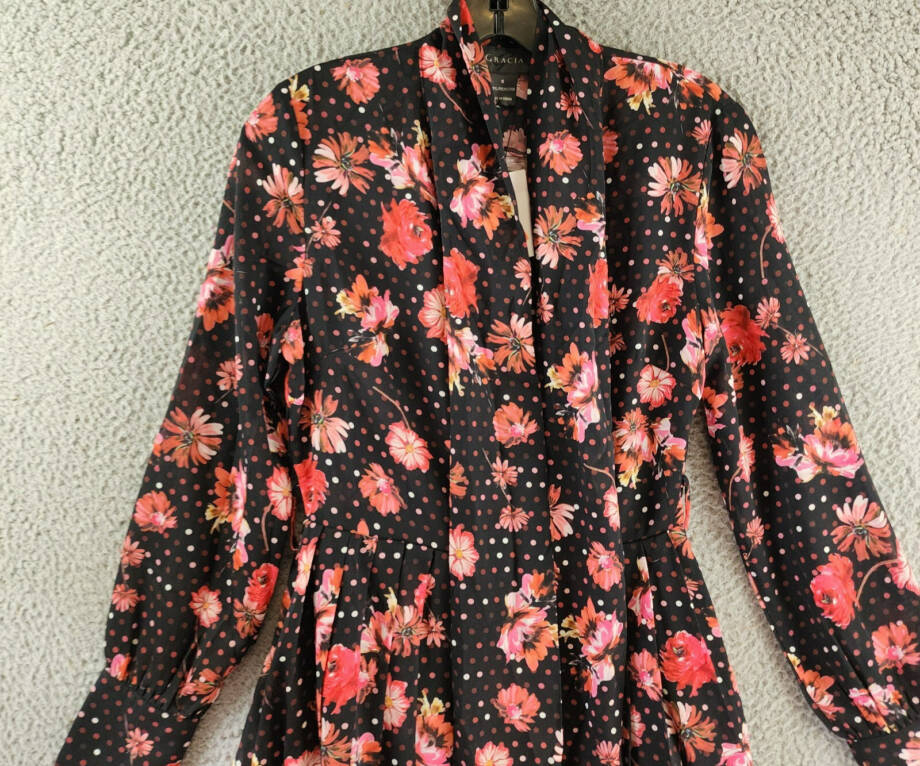 Gracia Belted Mini Dress Women's S Black Multi Floral Scarf Neck Long Sleeve