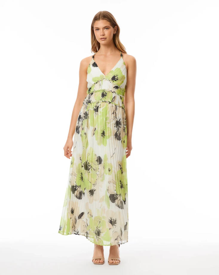 Adrienne Landau Onyx Painted Flower Pleated Dress Women's XS Multicolor V-Neck