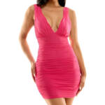 City Studio Plunge-Neck Shirred Mesh Dress Juniors' 15 Bright Fuchsia Back Zip