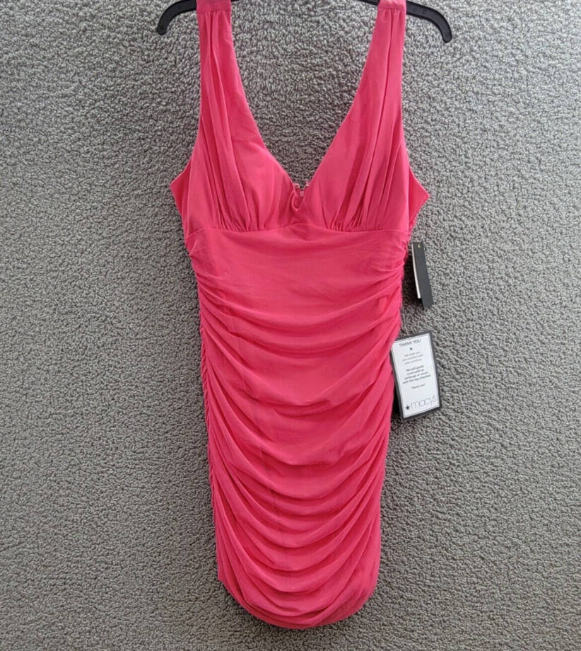 City Studio Plunge-Neck Shirred Mesh Dress Juniors' 15 Bright Fuchsia Back Zip