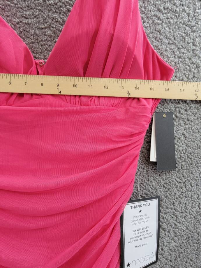 City Studio Plunge-Neck Shirred Mesh Dress Juniors' 15 Bright Fuchsia Back Zip