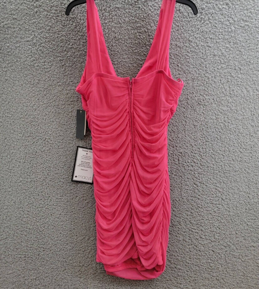 City Studio Plunge-Neck Shirred Mesh Dress Juniors' 15 Bright Fuchsia Back Zip