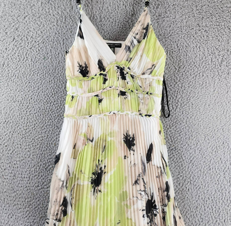 Adrienne Landau Onyx Painted Flower Pleated Dress Women's XS Multicolor V-Neck