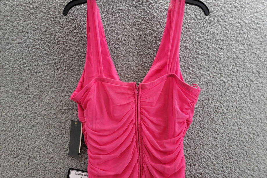 City Studio Plunge-Neck Shirred Mesh Dress Juniors' 15 Bright Fuchsia Back Zip