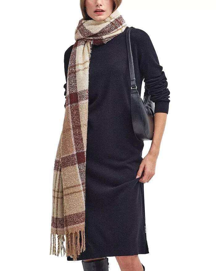 Barbour Tartan Boucle Scarf Women's One Size Muted Cabernet Fringe Hem