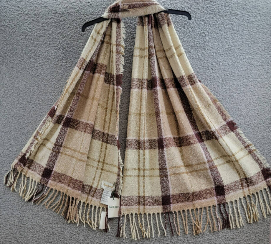 Barbour Tartan Boucle Scarf Women's One Size Muted Cabernet Fringe Hem
