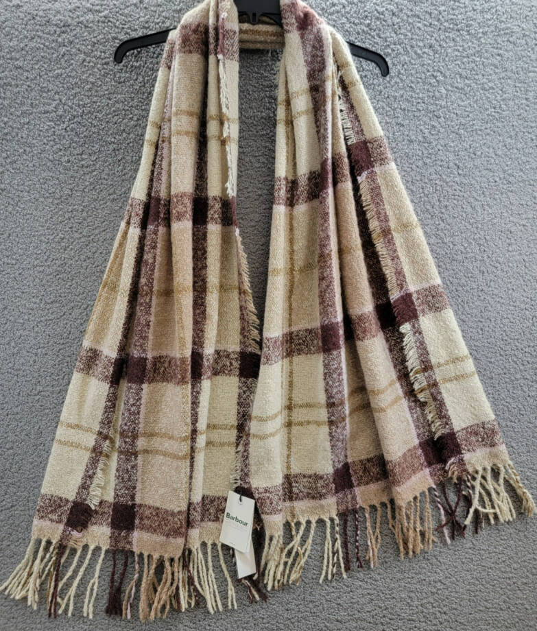 Barbour Tartan Boucle Scarf Women's One Size Muted Cabernet Fringe Hem