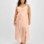 Bar III Trendy Plus Size Ruffled Chiffon Maxi Dress Women's 16W Warm Coral Sheer