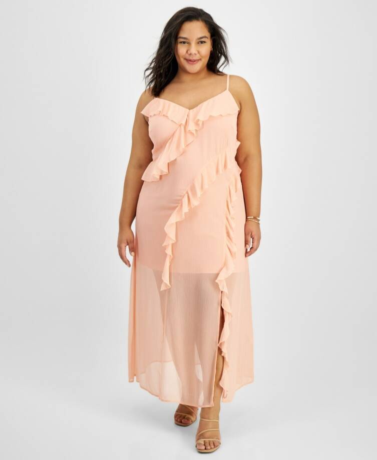 Bar III Trendy Plus Size Ruffled Chiffon Maxi Dress Women's 16W Warm Coral Sheer