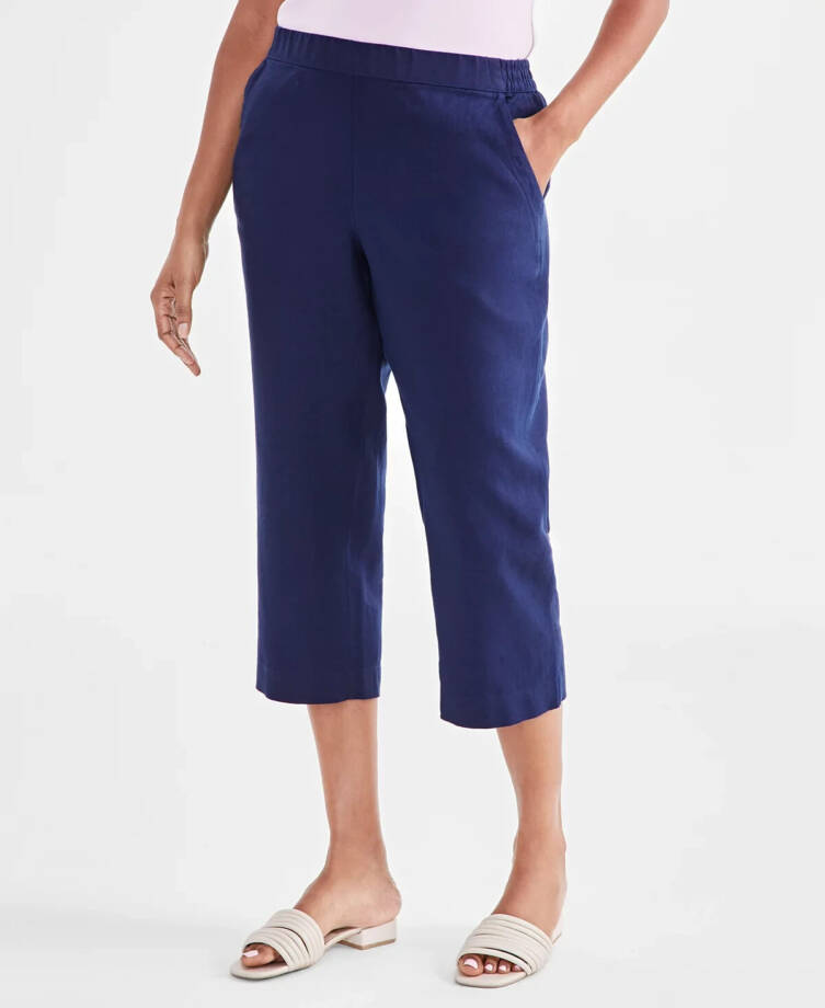 Charter Club Linen Solid Cropped Pull-On Pants Women's M Intrepid Blue Solid