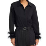 English Factory Feather Pointed Shirt Women's XS Black Button Front Closure L/S