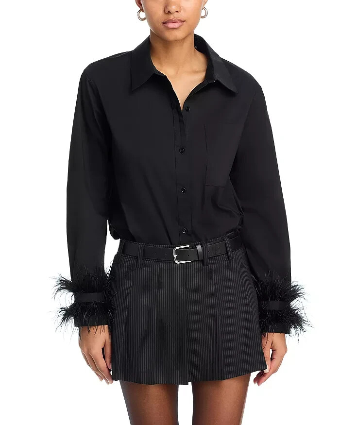 English Factory Feather Pointed Shirt Women's XS Black Button Front Closure L/S
