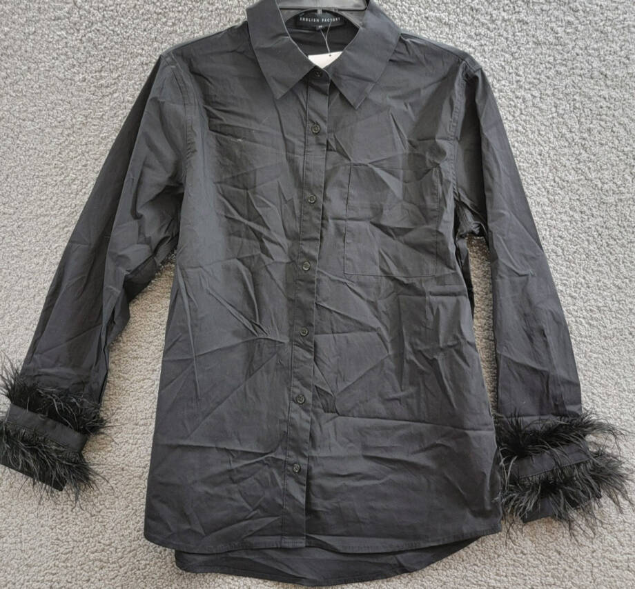 English Factory Feather Pointed Shirt Women's XS Black Button Front Closure L/S