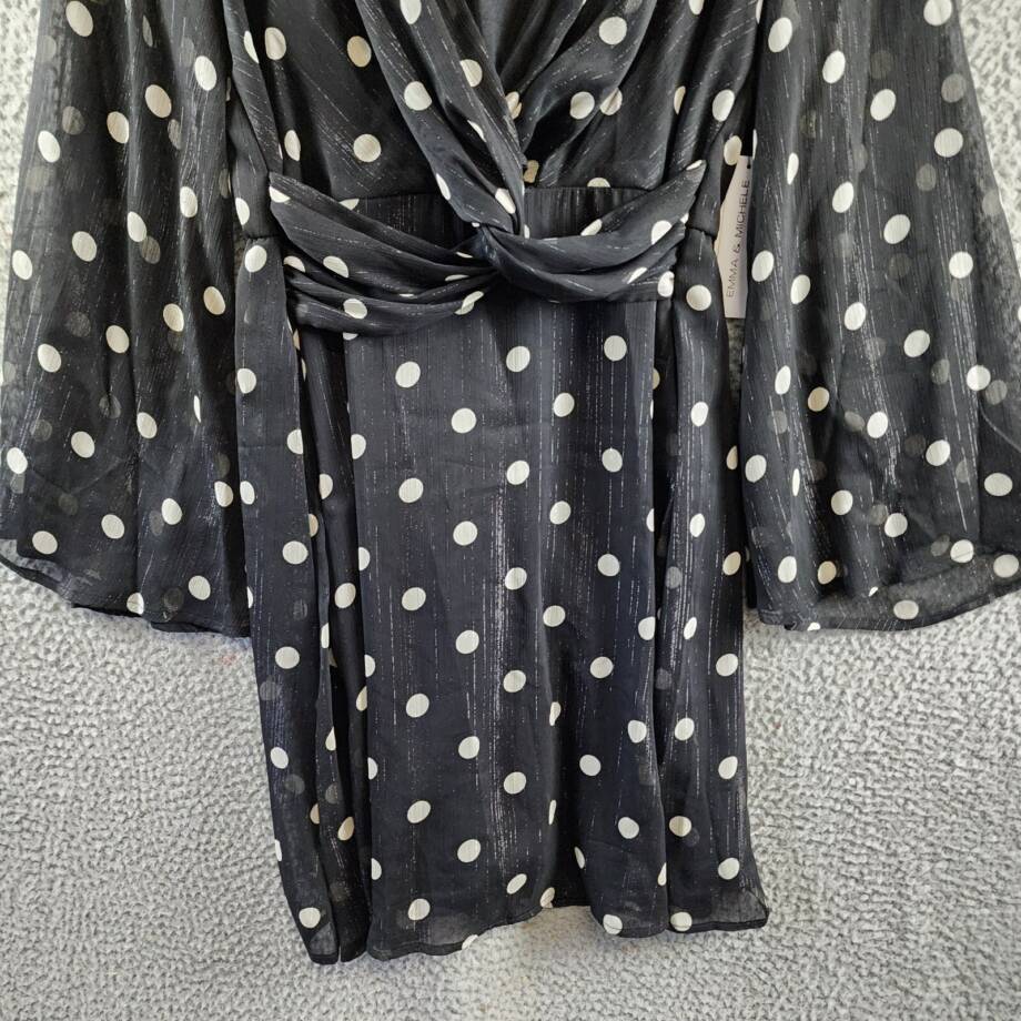 Emma & Michelle Faux Wrap Dress Women's M Black/White Dot Snap Front Button Back