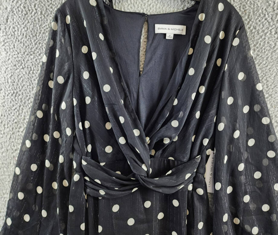 Emma & Michelle Faux Wrap Dress Women's M Black/White Dot Snap Front Button Back