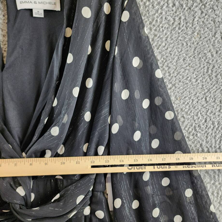 Emma & Michelle Faux Wrap Dress Women's M Black/White Dot Snap Front Button Back