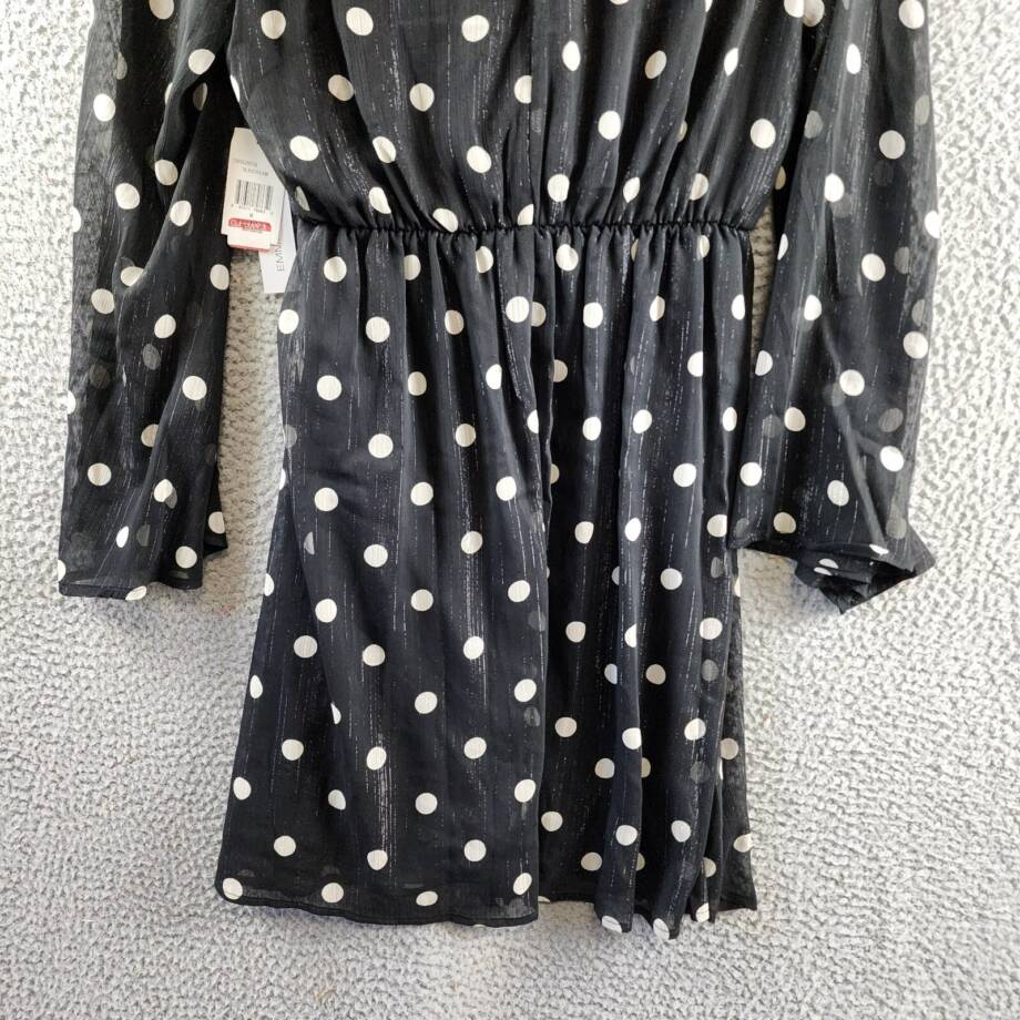 Emma & Michelle Faux Wrap Dress Women's M Black/White Dot Snap Front Button Back
