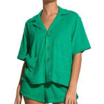 Elan Button Front Cover Up Shirt Women's S Green Bright Collared Pockets S/S