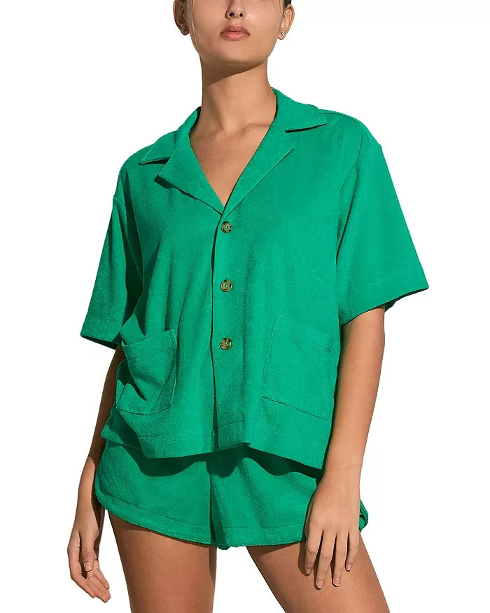 Elan Button Front Cover Up Shirt Women's S Green Bright Collared Pockets S/S
