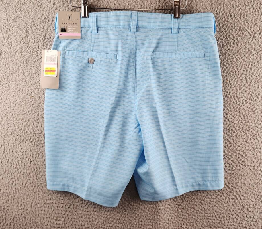 PGA TOUR Striped 8" Golf Shorts Men 32 Ethereal Blue Zip Fly With Button Closure