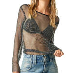 Free People Low Back Filter Finish Long Sleeve Top Women's M Navy Sheer Pullover