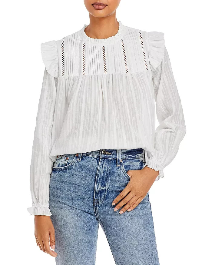 AQUA Pleated Blouse Women's XS White Ruffle Long Sleeve Button Back Closure