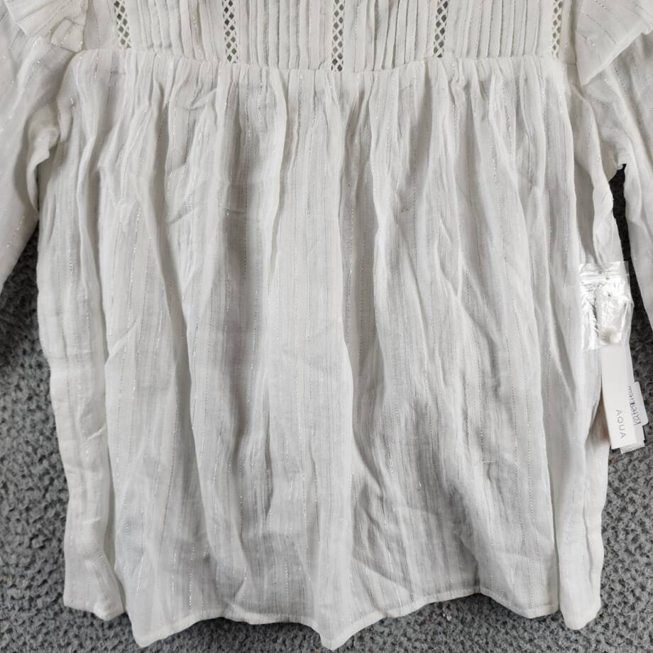 AQUA Pleated Blouse Women's XS White Ruffle Long Sleeve Button Back Closure