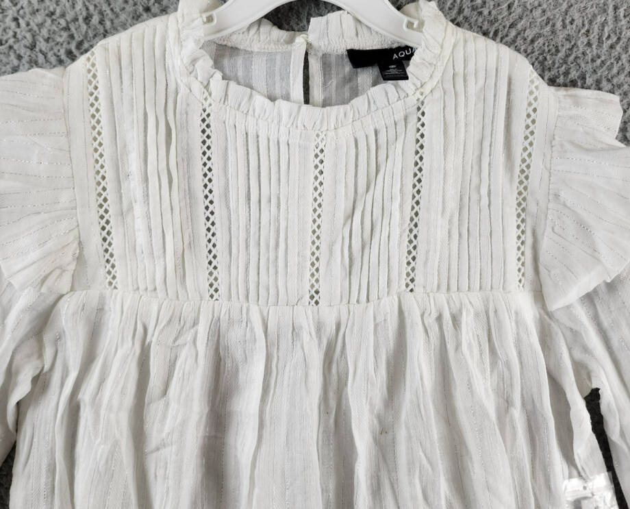 AQUA Pleated Blouse Women's XS White Ruffle Long Sleeve Button Back Closure