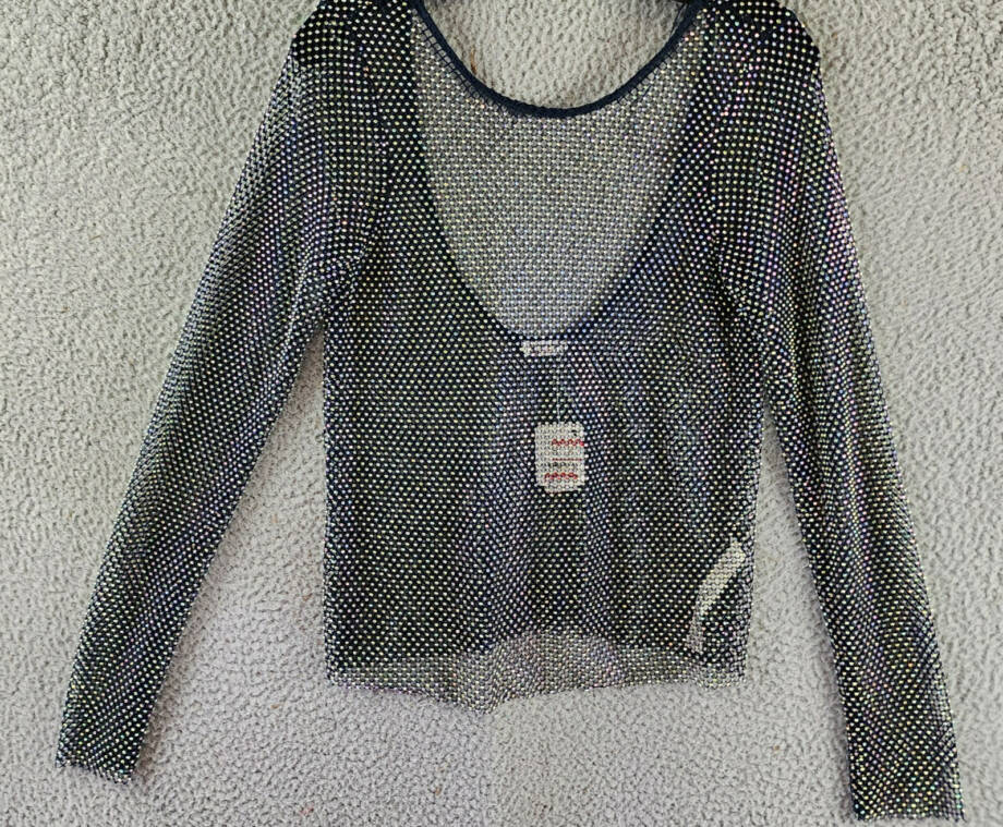 Free People Low Back Filter Finish Long Sleeve Top Women's M Navy Sheer Pullover