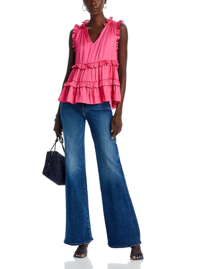 AQUA Satin Ruffled Tank Top Women's XS Hot Pink Vneck Sleeveless Pullover Style