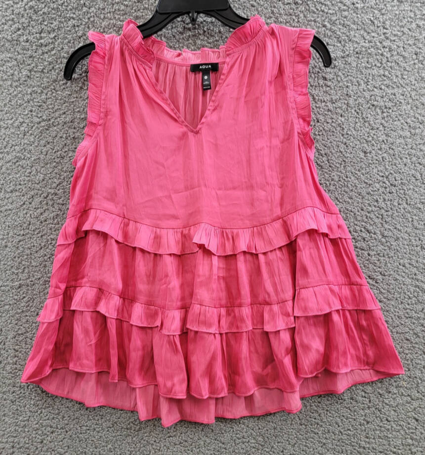 AQUA Satin Ruffled Tank Top Women's XS Hot Pink Vneck Sleeveless Pullover Style