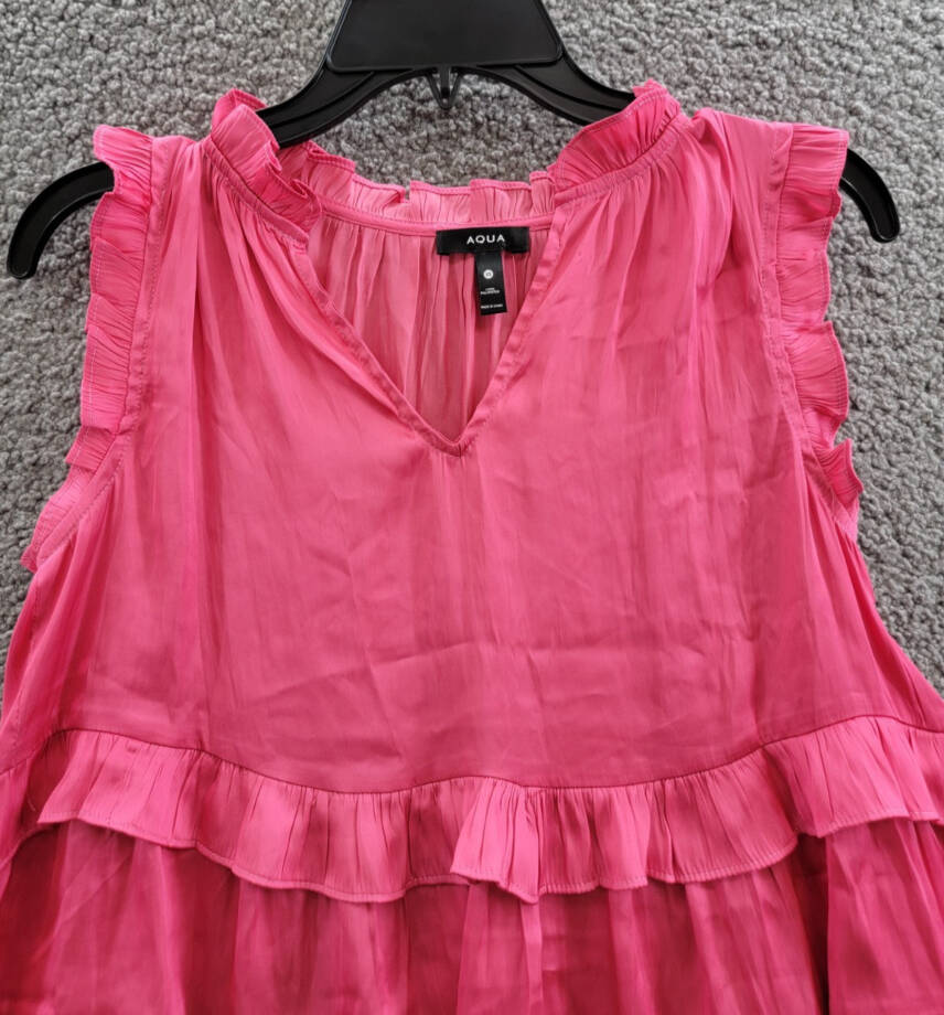 AQUA Satin Ruffled Tank Top Women's XS Hot Pink Vneck Sleeveless Pullover Style