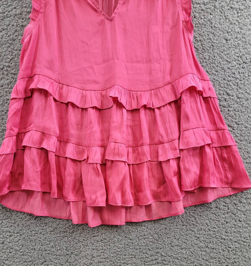 AQUA Satin Ruffled Tank Top Women's XS Hot Pink Vneck Sleeveless Pullover Style